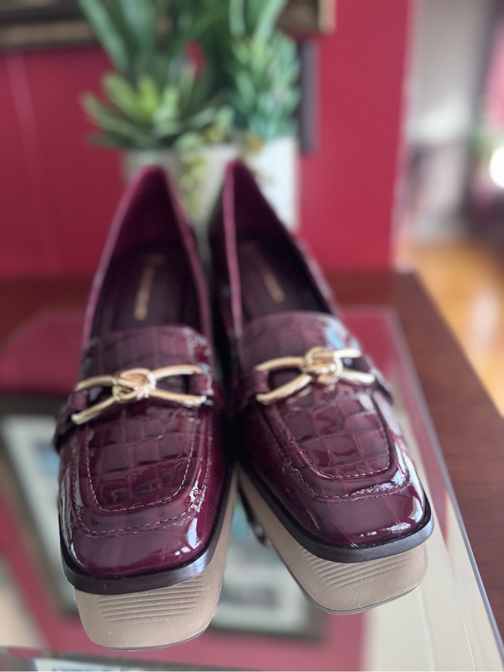 Antonio Melani Patent Croc-Embossed Block Heel Loafers - Burgundy - Picture 4 of 6